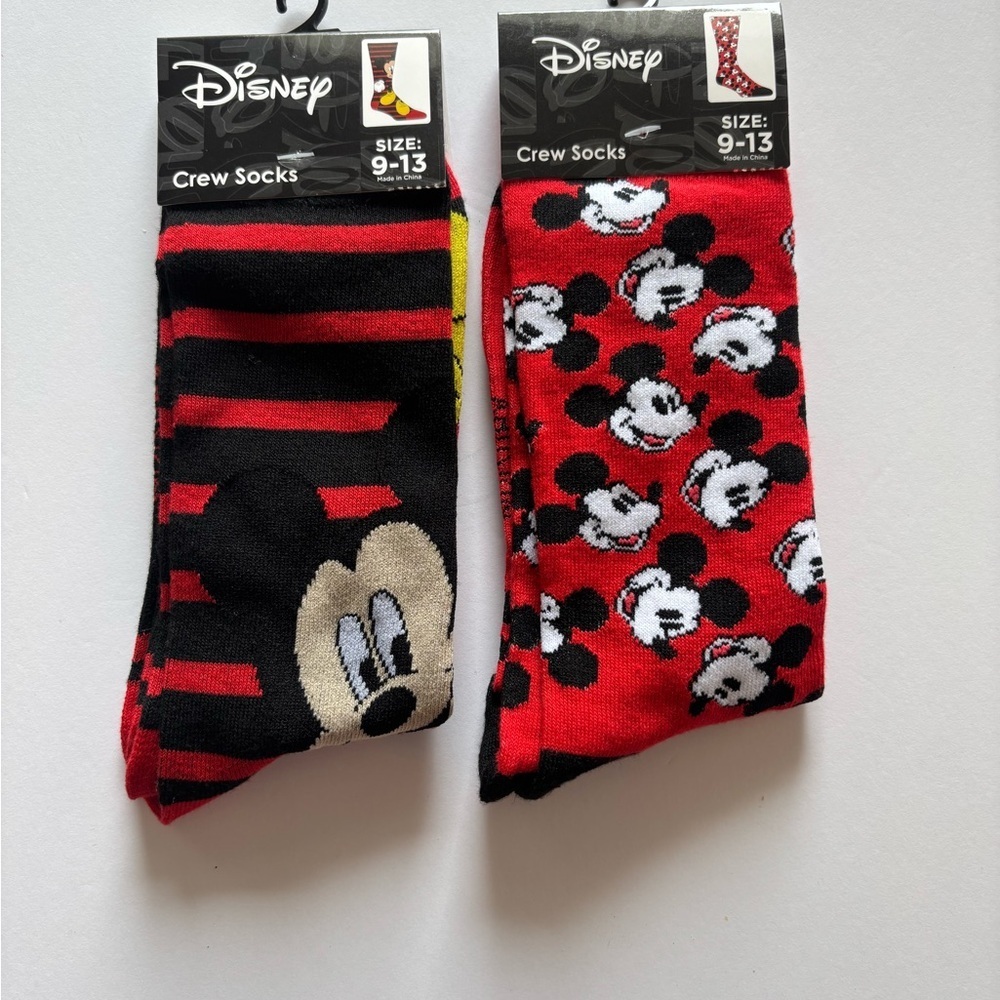 Disney Mickey Mouse Crew Socks 2-Pack Red Black Unisex Size 9–13 New with Tags